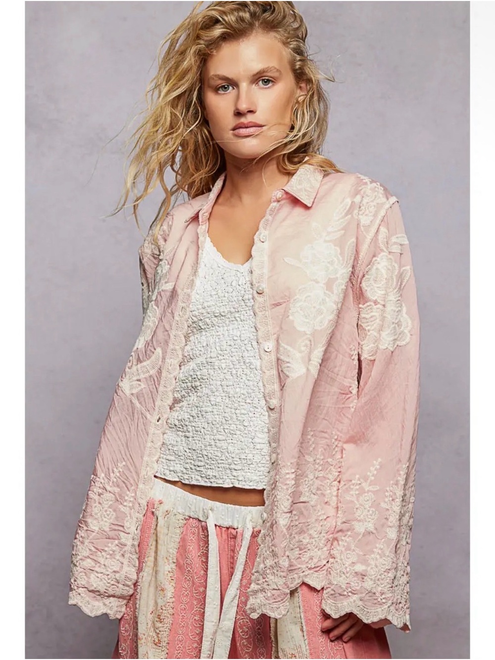 POL Romantic Embroidered Scalloped Shirt | Pink | SM141
